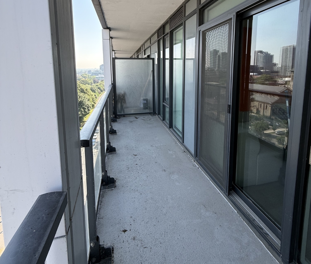 Toronto condo balcony before cleaning — grime and pigeon droppings on the floor